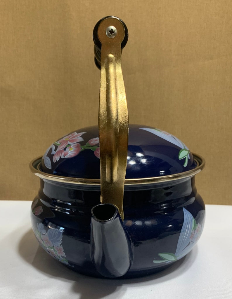 Vintage Okura Blue Enamel Floral Teapot, Made in Taiwan, 1983. Etsy