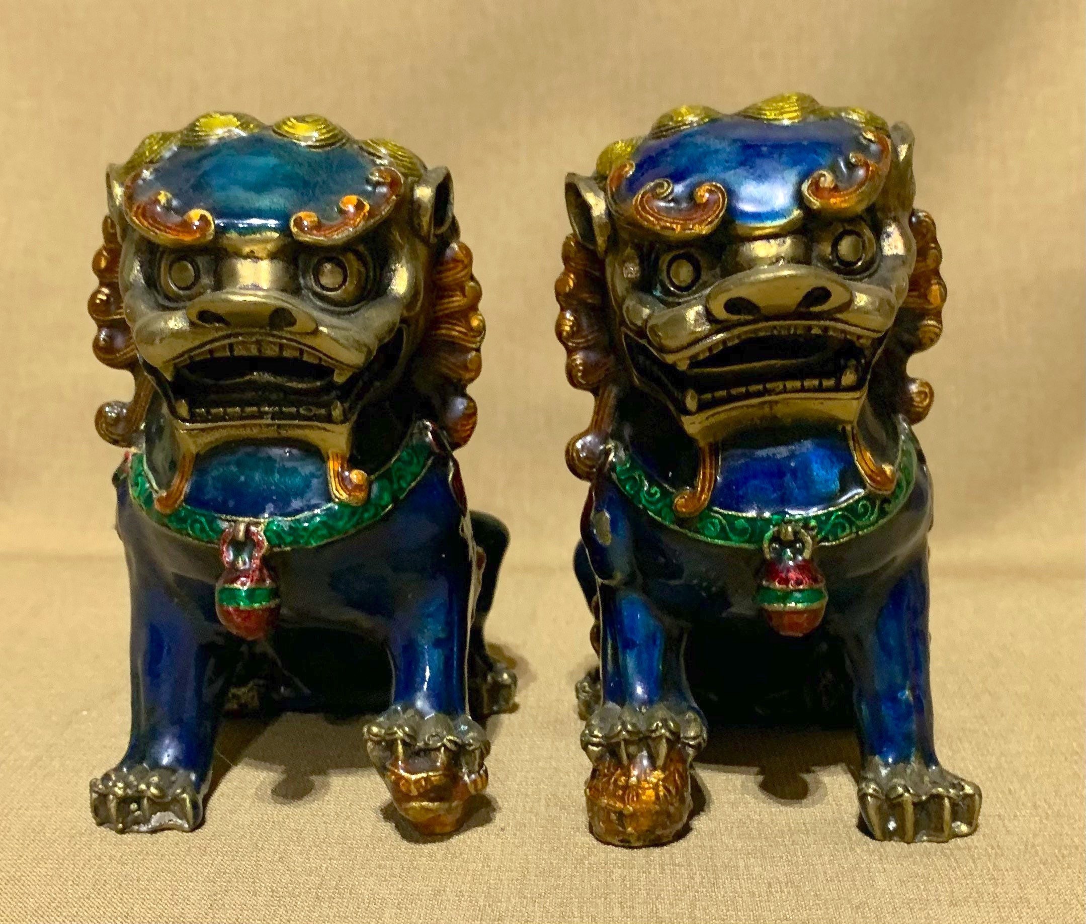 Pair of Brass Cloisonné Chinese Foo Lion / Dog Statuettes. NOTE: Please ...