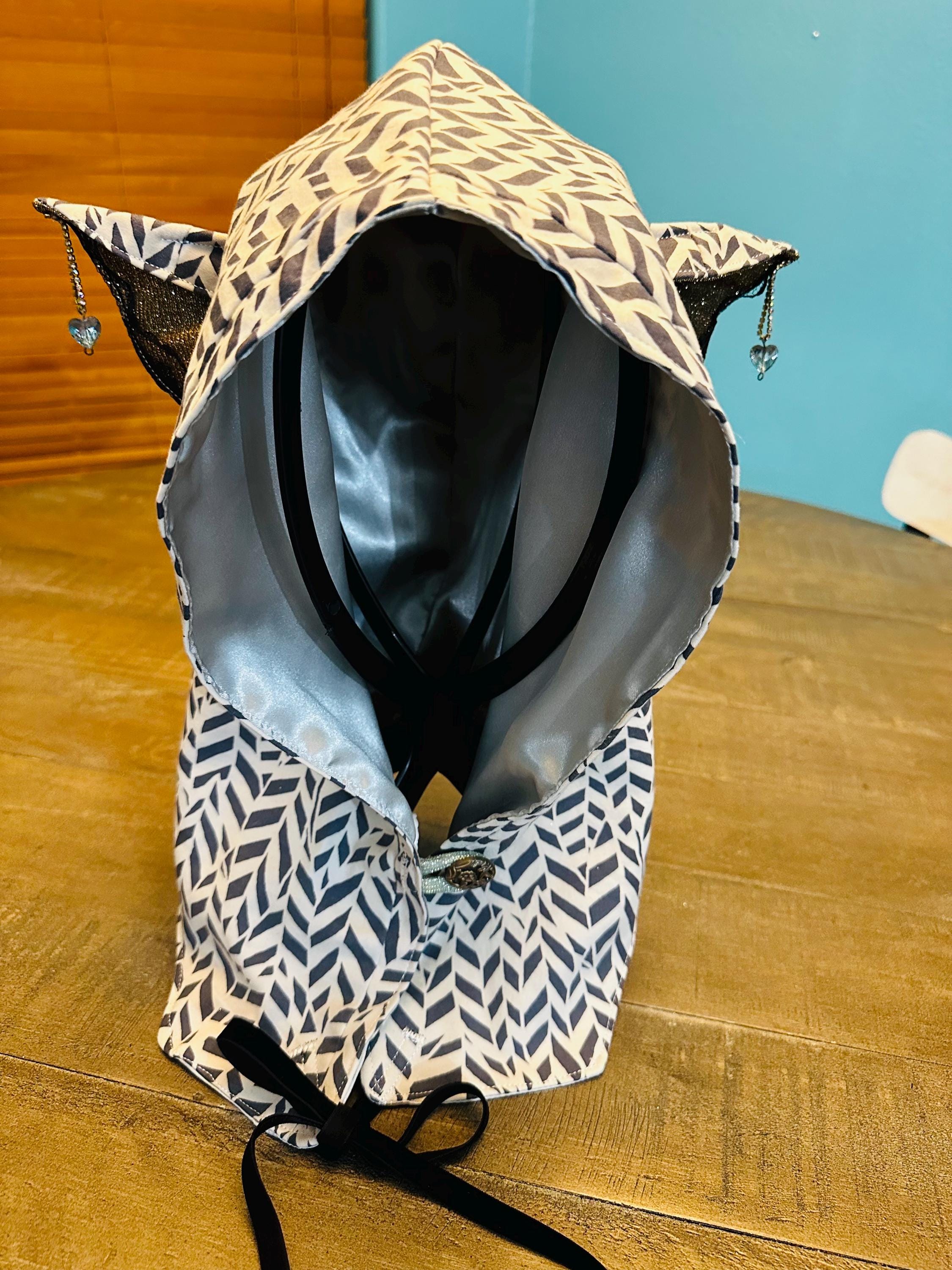 Rave Kitty Hood, Rhinestone Lace Ears, Upcycled Golden Fabric