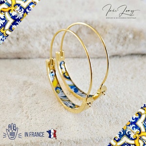 Antique Portugal Tile 1.2&#39;&#39; GOLD HOOP Earrings Lightweight STEEL Azulejo Silver Hoop Historical Jewelry Christmas Gift Travel Handmade Gift