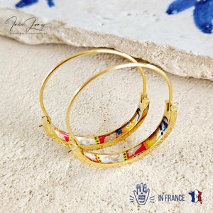 Modern Retro Portugal Tile 1.2&#39;&#39; GOLD HOOP Earrings Lightweight STEEL Azulejo Hoop Historical Jewelry Birthday Gift Travel Handmade Gift