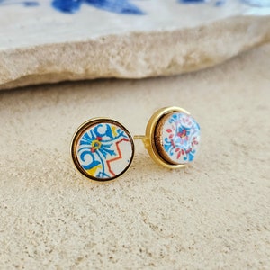 Round Small Tile Gold Earring Portugal Mismatched Antique Tile Stud Post Portuguese Azulejo Stainless Steel Travel Handmade Jewelry Gift