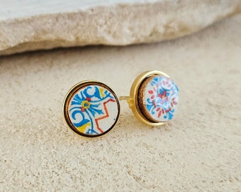 Round Small Tile Gold Earring Portugal Mismatched Antique Tile Stud Post Portuguese Azulejo Stainless Steel Travel Handmade Jewelry Gift