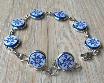 Portugal tegel sieraden set, miniatuur ronde tegels, blauwe tegel armband, kleine Portugese tegels, azulejo sieraden set, bijpassende armband &studs