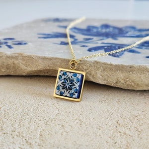 GOLD Porto Tile Charm Necklace Portuguese Blue White Tile Azulejo Gold Pendant Steel Square Necklace Tile Portugal Gift Handmade Souvenir image 1