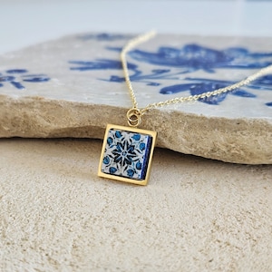 GOLD Porto Tile Charm Necklace Portuguese Blue White Tile Azulejo Gold Pendant Steel Square Necklace Tile Portugal Gift Handmade Souvenir