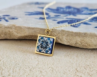 GOLD Porto Tile Charm Necklace Portuguese Blue White Tile Azulejo Gold Pendant Steel Square Necklace Tile Portugal Gift Handmade Souvenir