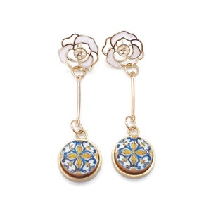 Portuguese Antique Tile Studs White Rose Gold Drop Earrings Portugal Azulejo Earrings Delicate Enamel Rose Earrings Blue Gold Long Studs