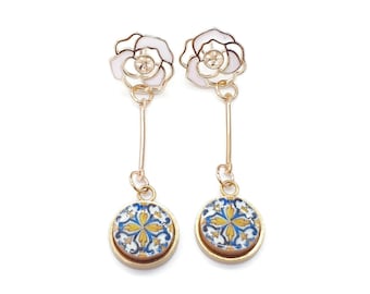 Portuguese Antique Tile Studs White Rose Gold Drop Earrings Portugal Azulejo Earrings Delicate Enamel Rose Earrings Blue Gold Long Studs