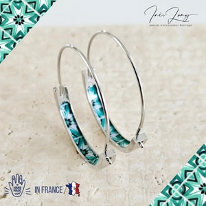 Antique GREEN Portugal Tile 1.2&#39;&#39; HOOP Earring Thin Flat Silver STEEL Azulejo Hoop Historical Jewelry Travel Globetrotter Gift Handmade Gift
