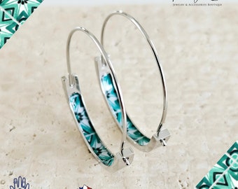 Antique GREEN Portugal Tile 1.2'' HOOP Earring Thin Flat Silver STEEL Azulejo Hoop Historical Jewelry Travel Globetrotter Gift Handmade Gift