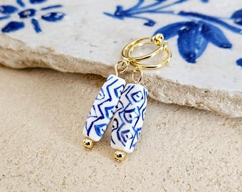 Ceramic Bar Bead GOLD Hoop Earring Porcelain Ceramic Earring Blue White Geometric Jewelry Non Pierced Ear Earring Pottery Hoop Birthday Gift