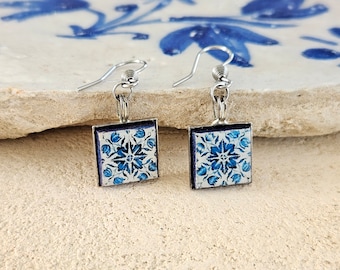 Porto Small Tile Earrings Portuguese Blue White Tile Earrings Azulejo Jewelry Square Classic Blue Earrings Travel SummerTile Earrings