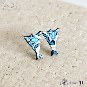Portugal Tile Cod Shape Stud Earring Blue Fish Post Earring Vintage Tile Bacalhau Jewelry Wood Gift Anniversary Gift Travel Vacation Gift