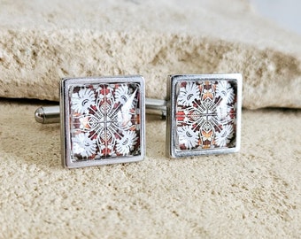 Portugal Classical Tile Cufflinks Majolica Tile Men Cufflinks Red Orange Tile Groom Cufflinks Gift Wedding Square Cufflinks Groom Father