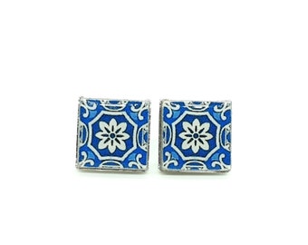 Blue Portugal tile earrings Portuguese mini tiles studs Antique tile square post earrings geometric azulejo studs Mediterranean studs