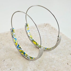 Silver HOOP Tile Earring Portugal STEEL Yellow Blue Azulejos Delicate Lightweight Silver Minimal Hoop Historical Jewelry Travel Tile Gift