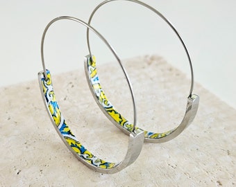 Silver HOOP Tile Earring Portugal STEEL Yellow Blue Azulejos Delicate Lightweight Silver Minimal Hoop Historical Jewelry Travel Tile Gift