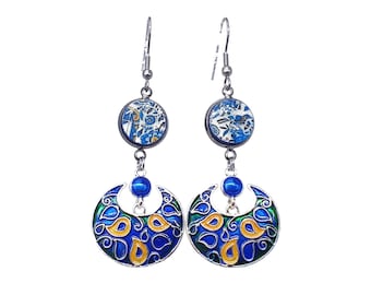 Turkish Moon Earrings COIMBRA Portugal 17th Century Pottery Blue Ceramic Tile Stainless Steel Turkish Çini Earrings Izniq Moon Earrings