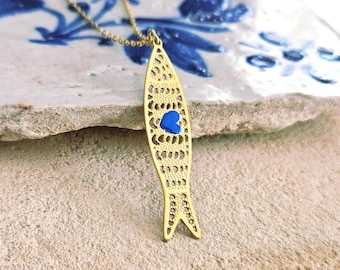 GOLD Filigree STEEL Sardine Necklace Portuguese Blue Small Enamel Heart Love Fish Pendant Portugal Chain Necklace Women Gift