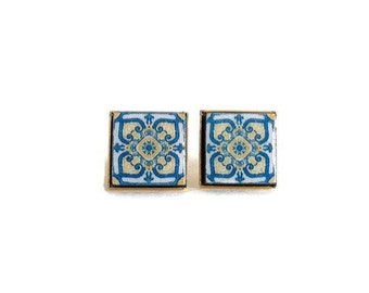 Portuguese tiles stud earrings Portugal blue gold studs azulejo post earrings Silver square studs Traditional majolica tile studs