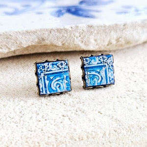 Blue Tile Stud Earring Lace Bronze Stud Portuguese Tile Blue Azulejo Handmade Earring Portugal Jewelry Gift Antique Tile Portuguese Gift