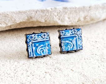 Blue Tile Stud Earring Lace Bronze Stud Portuguese Tile Blue Azulejo Handmade Earring Portugal Jewelry Gift Antique Tile Portuguese Gift