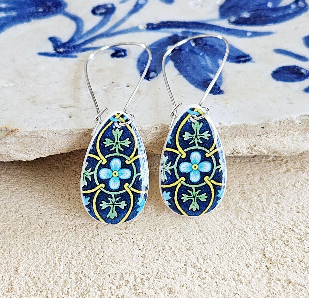 Turquoise Teardrop Mexican Tile Silver Earring Spanish Jewelry Mother ...