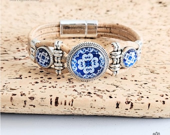 Natural CORK Bracelet Portuguese Blue Tile Bracelet Silver Cabochon Vegan Cork Strand Cord Bracelet Tree Bark Jewelry Anniversary Vegan Gift