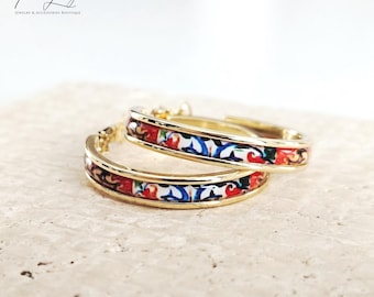 GOLD Orange Red Tile Earring Portugal STEEL Azulejo Flat Thin Hoop Historical Gift Travel Jewelry Women Gift 2.8cm|1.10''