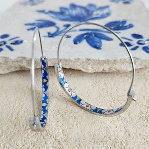 Hoop Tile Earring Blue Portugal STAINLESS STEEL Hoop Azulejo Dainty Silver Hoop Women Gift Historical Jewelry Anniversary Gift Blue Lisbon