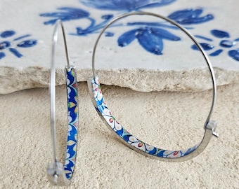 Hoop Tile Earring Blue Portugal STAINLESS STEEL Hoop Azulejo Dainty Silver Hoop Women Gift Historical Jewelry Anniversary Gift Blue Lisbon