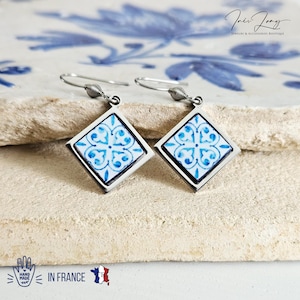 Blue Portuguese Tile Earring Diamond Drop Shape Earring Azulejo Stainless STEEL Prom Earring Portugal Jewelry Gift Mom Wife Anniversary Gift
