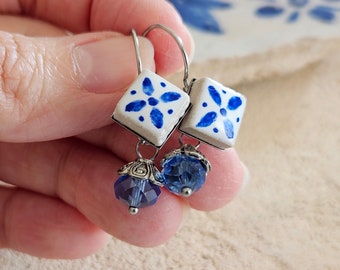 Ceramic Tile Hand Painted Earrings Portuguese Blue White Azulejo Earring Square Real Stone Earrings Stainless Steel Clear Blue Crystal Tile