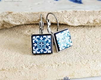 Majolica Azulejo Earring Tile Stainless STEEL Drop Square Geometric Earring Gift Blue Tile Earring Silver Gold Mediterranean Travel Gift
