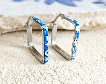 BLUE Square Silver HOOP Tile Earring Blue Portugal Thin STEEL Azulejo Delicate Small Hoop Fashion Gift Birthday Jewelry Gift for Her