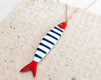 Portuguese Sardine Necklace Fish Blue Red White Enamel Pendant Gold Silver Sea Animal Long Fish Sardine Jewelry Gift Portugal Souvenir Gift
