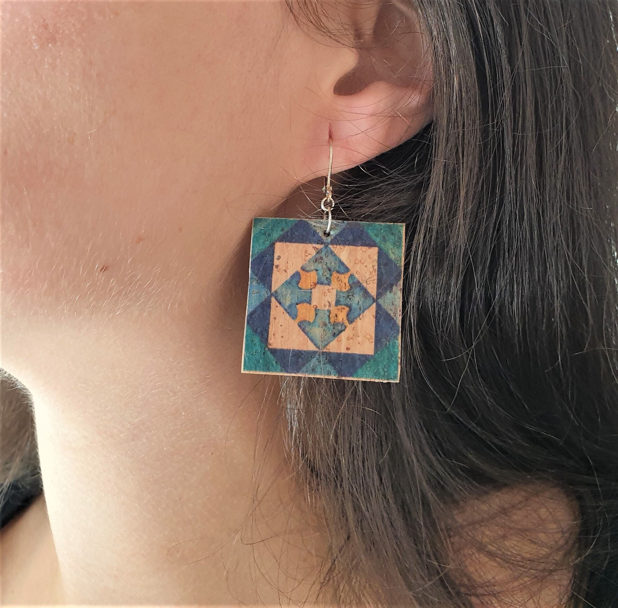 Portuguese square cork antique tile earrings Portugal Etsy