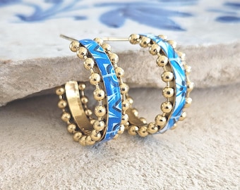 Kleine gouden RING tegeloorbel Portugal STAAL blauwe Lissabon Azulejo delicate kleine gouden bal hoepels historische sieraden cadeau Portugal tegel souvenir
