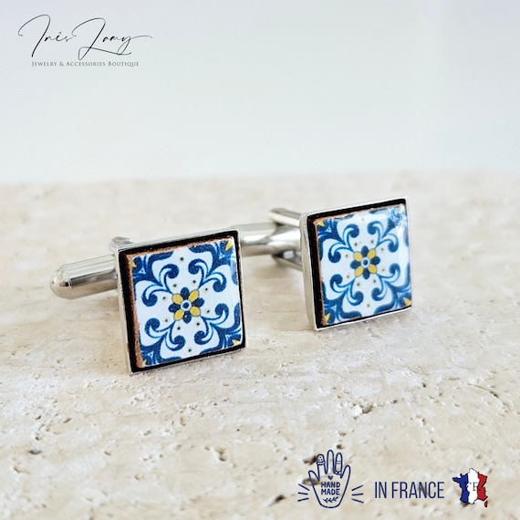 Portugal Azulejo Cufflink Portuguese Tile Jewelry Blue Gold Tile Cufflink Wedding Gift Groom Jewelry Square Cufflink Business Men Shirt Gift