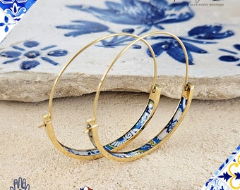 Blue Mixed HOOP Tile Earring Portugal Lightweight STAINLESS STEEL Azulejo Gold Hoop Historical Jewelry Anniversary Gift Women Portuguese Mom