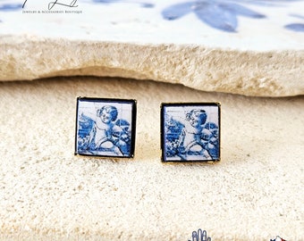 Angel Tile Earring Portugal Antique Azulejo Tiles Delft Cherub Post Earring Majolica Blue White Gold Tile Religious Gift Angel Memorial