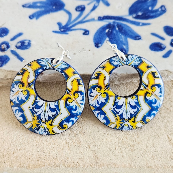 Portugal Antique Large Hoop Earring Portuguese Traditional 18th Century Tile Statement Hoop Majolica Blue Gold Hoop Travel Gift Hoop Tile