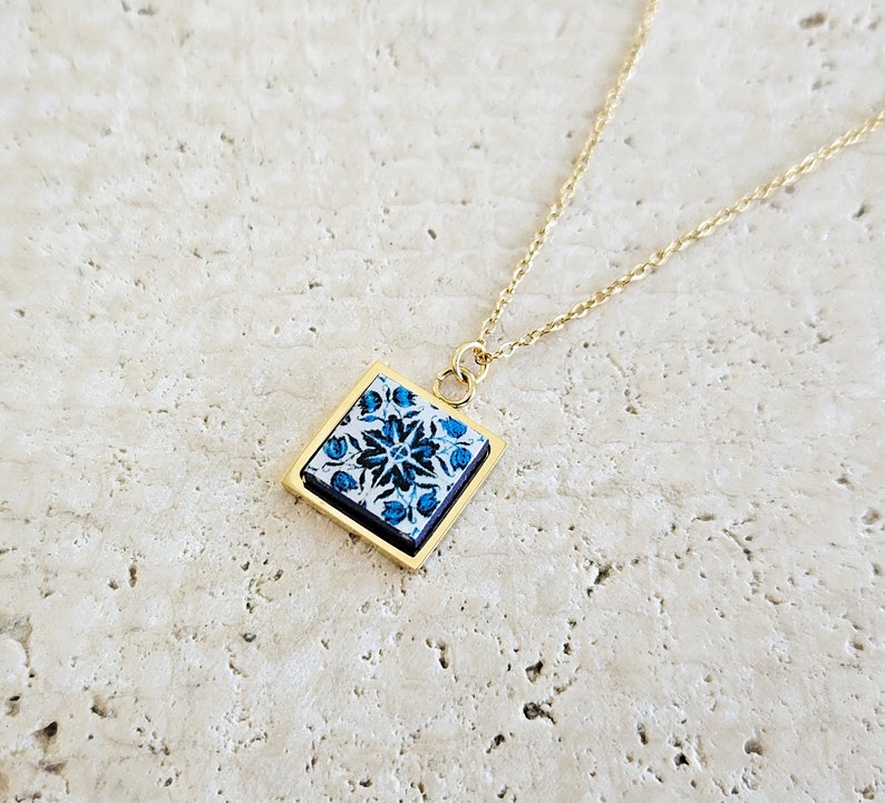 GOLD Porto Tile Charm Necklace Portuguese Blue White Tile Azulejo Gold Pendant Steel Square Necklace Tile Portugal Gift Handmade Souvenir image 5