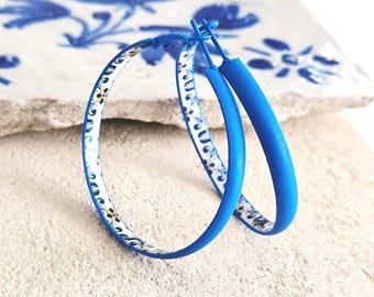 BLUE Flat HOOP Portugal Tile Earring Steel VINYL Azulejo Hoop Earring Historical Jewelry Travel Gift Portuguese Blue Yellow Tile 50mm|1.97''