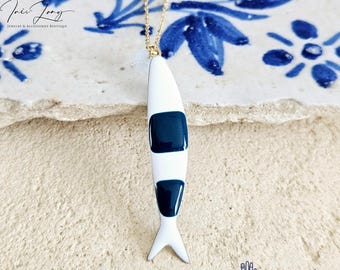 Portuguese Sardine Necklace Fish Blue White Enamel Pendant Gold Silver Sea Animal Long Fish Sardine Jewelry Gift Portugal Souvenir Gift