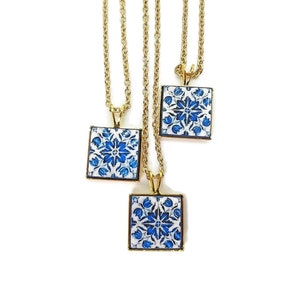 GOLD Porto Tile Charm Necklace Portuguese Blue White Tile Azulejo Gold Pendant Steel Square Necklace Tile Portugal Gift Handmade Souvenir image 6
