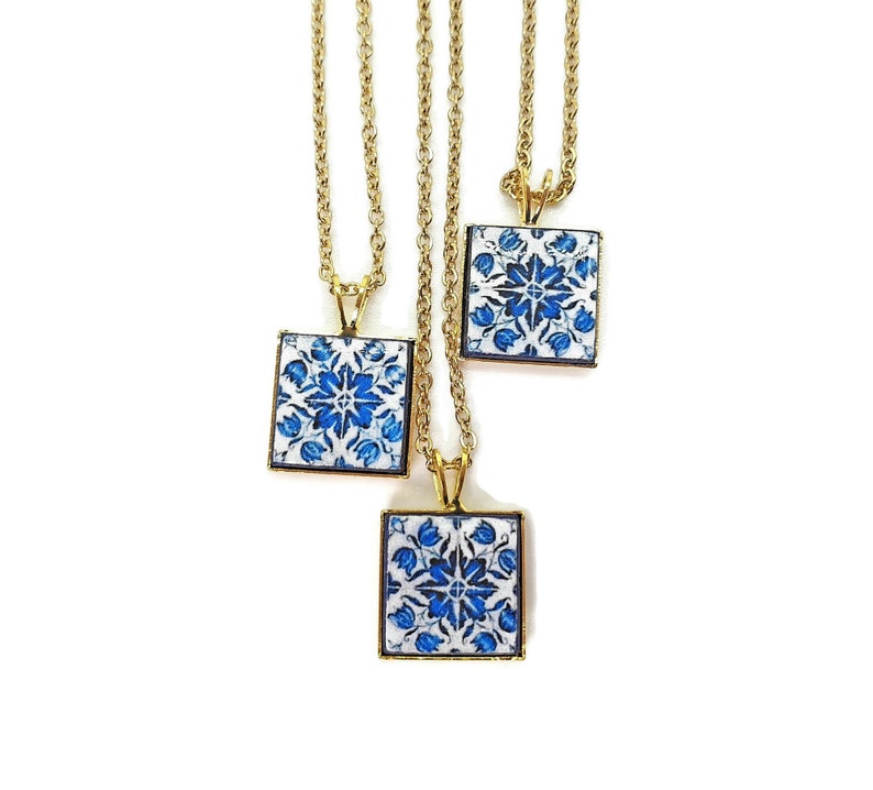 GOLD Porto Tile Charm Necklace Portuguese Blue White Tile Azulejo Gold Pendant Steel Square Necklace Tile Portugal Gift Handmade Souvenir image 6