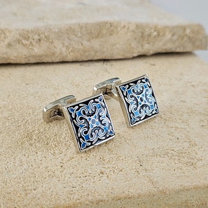 Portugal Blue Azulejo Wedding Groom STEEL Cufflink Enamel Portuguese Tile Blue Suit Cufflinks Wedding Silver Gift Father Corporate Box Gift