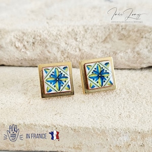 Majolica Azulejo Earring Tile Stainless STEEL Stud Earring Square Geometric Earring Gift Rose Gold Caltagirone Tile Earring Silver Gold